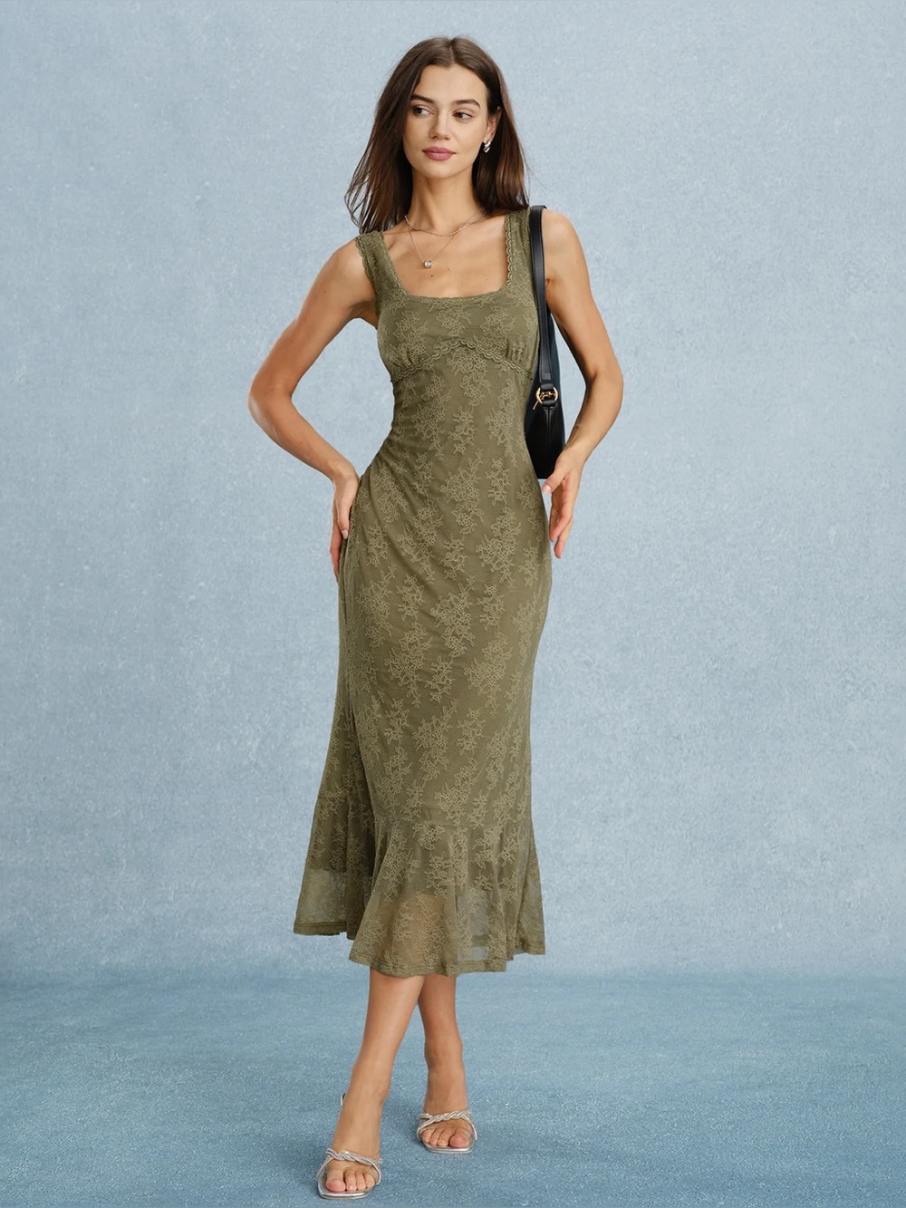 Rihoas Green Square Neck Lace Floral Midi Dress